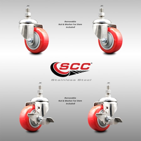 Service Caster 3.5 Inch 316SS Red Polyurethane Swivel 3/8 Inch Stem Caster Brake SCC, 2PK SS316TS20S3514-PPUB-RED-381615-2TLB2